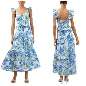 Sugarlips Truth Be Told Blue Floral Tiered Maxi Poplin Summer Dress